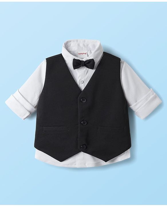 Babyhug Knit Full Sleeves Solid Three Piece Party Suit with Bow - Black