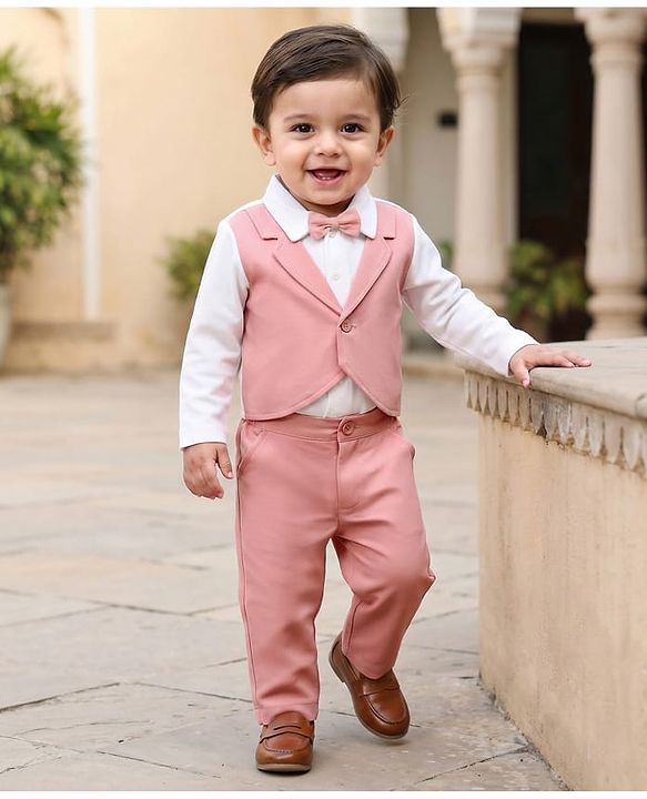 Babyhug Knit Full Sleeves Solid T-Shirt & Pant Set with Attached Waistcoat & Bow Applique - Pink