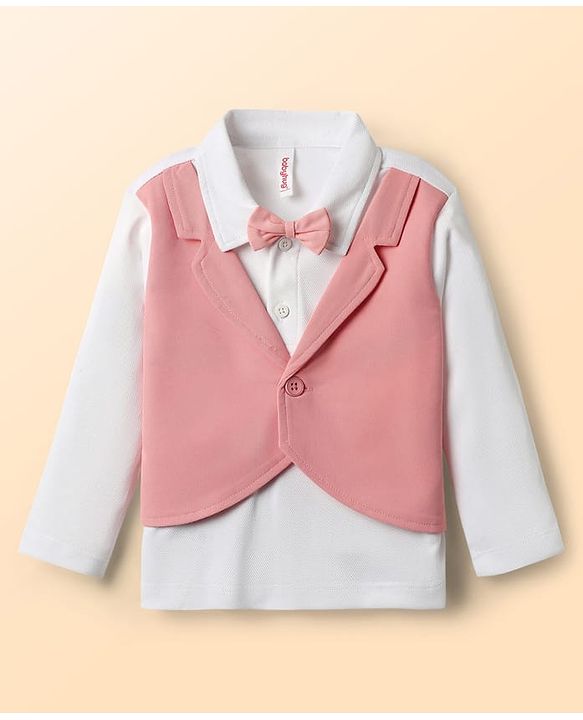 Babyhug Knit Full Sleeves Solid T-Shirt & Pant Set with Attached Waistcoat & Bow Applique - Pink