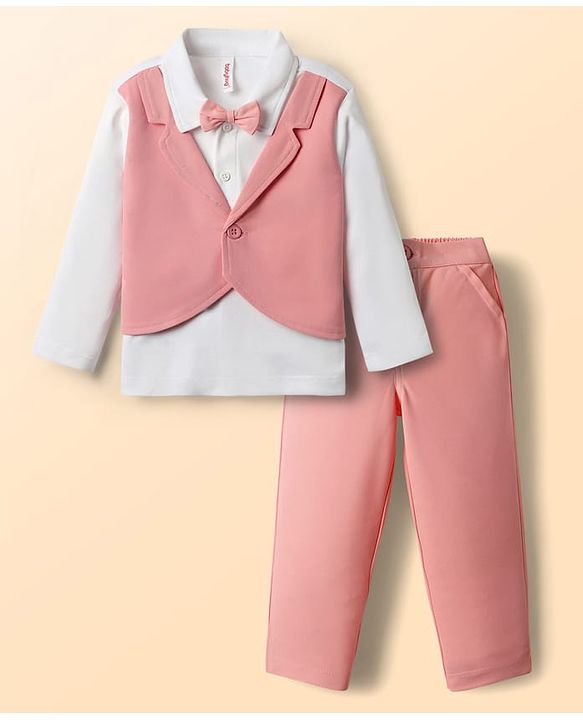 Babyhug Knit Full Sleeves Solid T-Shirt & Pant Set with Attached Waistcoat & Bow Applique - Pink