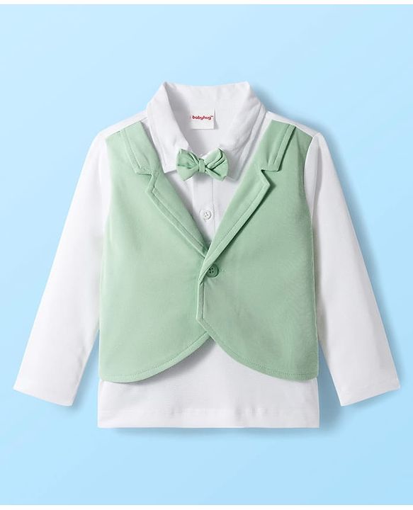 Babyhug Knit Full Sleeves Solid Polo Party T-Shirt & Trouser Set With Bow Applique & Attached Waistcoat - Mint Green & White
