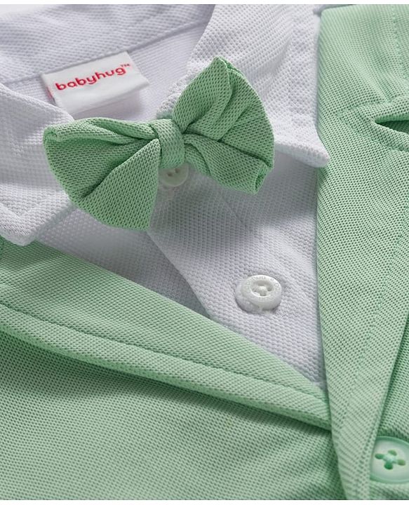 Babyhug Knit Full Sleeves Solid Polo Party T-Shirt & Trouser Set With Bow Applique & Attached Waistcoat - Mint Green & White