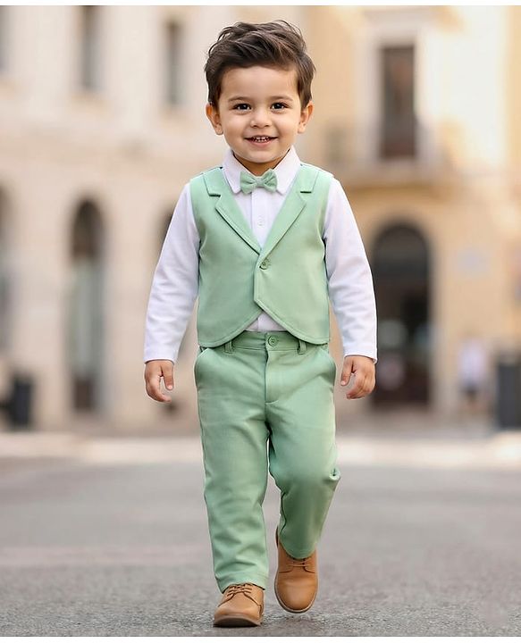 Babyhug Knit Full Sleeves Solid Polo Party T-Shirt & Trouser Set With Bow Applique & Attached Waistcoat - Mint Green & White
