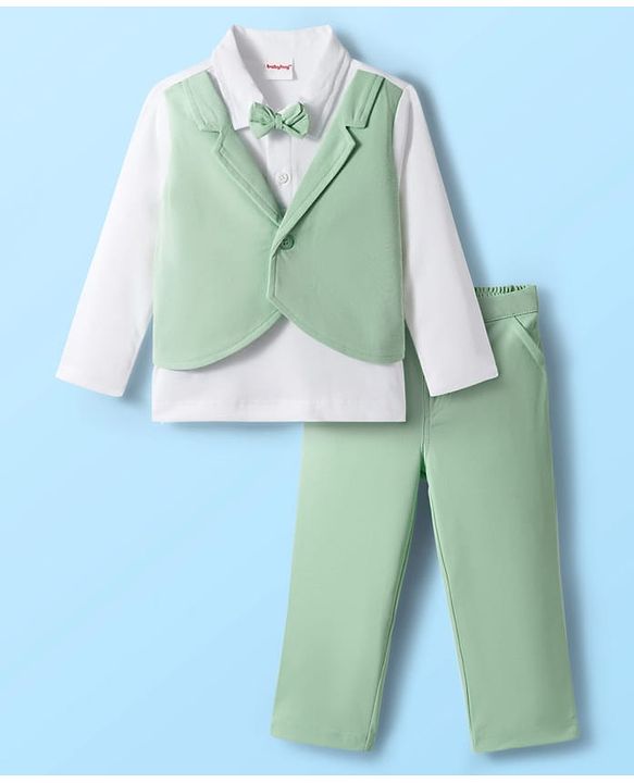 Babyhug Knit Full Sleeves Solid Polo Party T-Shirt & Trouser Set With Bow Applique & Attached Waistcoat - Mint Green & White