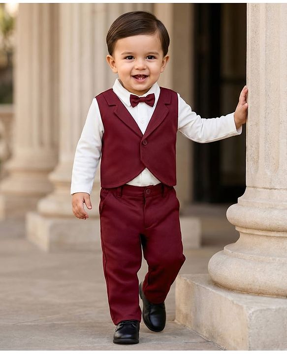 Babyhug Knit Full Sleeves Partywear T-shirt & Pant set with waistcoat applique - Maroon