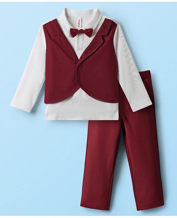 Babyhug Knit Full Sleeves Partywear T-shirt & Pant set with waistcoat applique - Maroon
