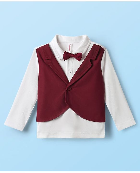 Babyhug Knit Full Sleeves Partywear T-shirt & Pant set with waistcoat applique - Maroon