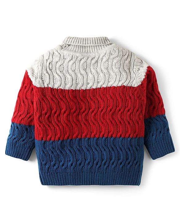 Babyhug Knitted Full Sleeves Turtle Neck Pullover Sweater With Color Block & Cable Knit Design - Multicolor