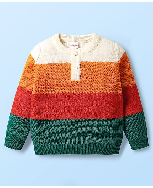Babyhug Knit Full Sleeves Pullover Sweater with Color Block - Orange