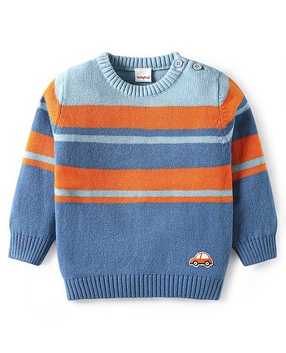 Babyhug Knit Full Sleeves Pullover Sweater Set with Color Block Design & Car Patch - Blue