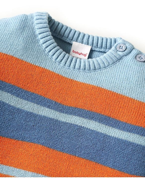Babyhug Knit Full Sleeves Pullover Sweater Set with Color Block Design & Car Patch - Blue