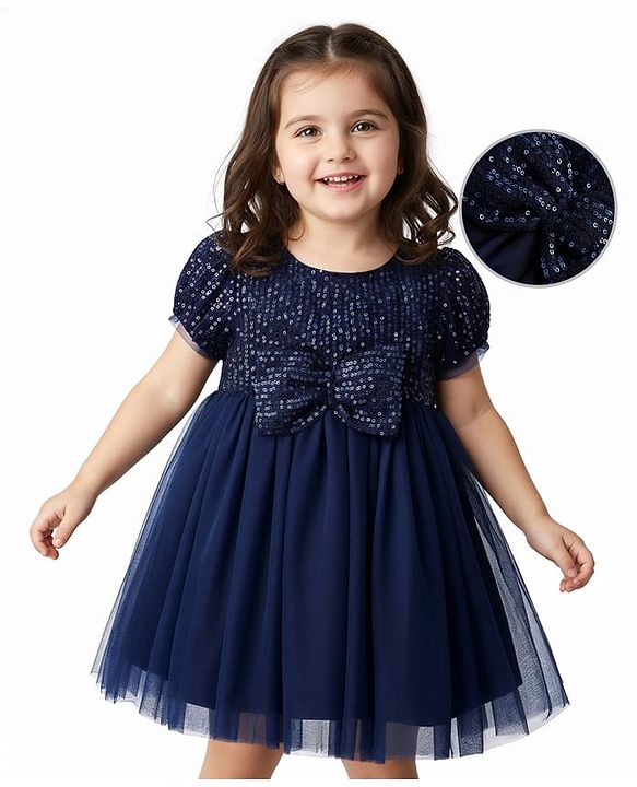 Babyhug Woven Sleeveless Sequined Fit & Flared  Party Frock with Bow Applique & Frill Detailing - Sky Blue