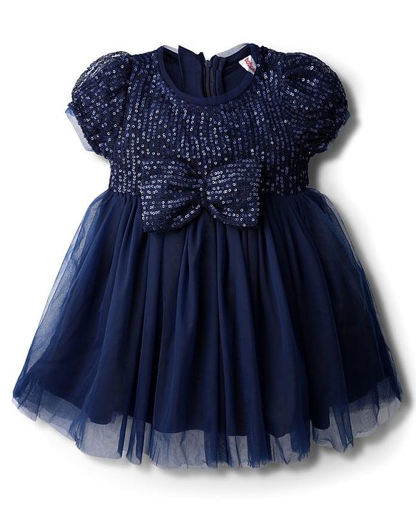 Babyhug Woven Half Sleeves Mesh Party Dress With Sequin Detailing & Bow Applique - Navy Blue