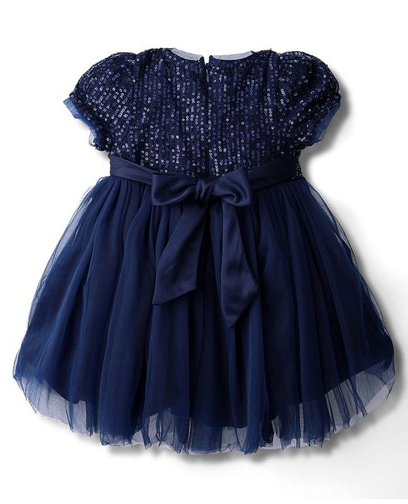 Babyhug Woven Half Sleeves Mesh Party Dress With Sequin Detailing & Bow Applique - Navy Blue