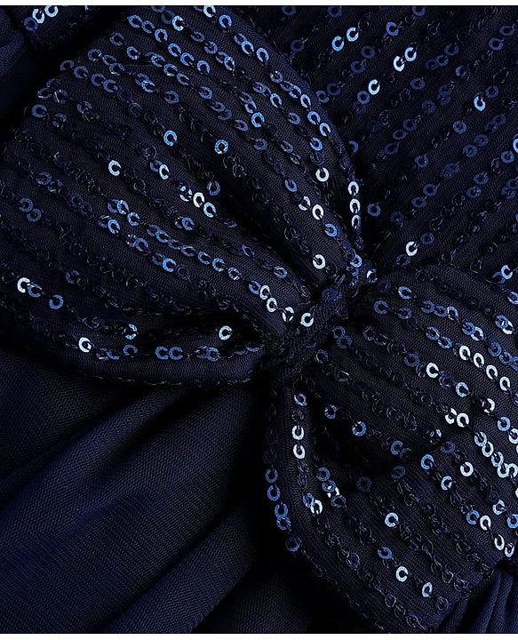 Babyhug Woven Half Sleeves Mesh Party Dress With Sequin Detailing & Bow Applique - Navy Blue