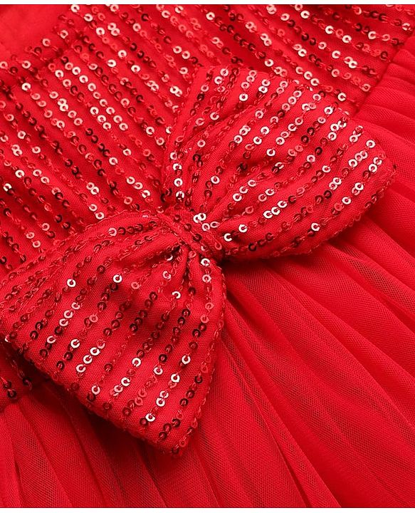Babyhug Mesh Woven Half Sleeves Flared Partywear Dress With Sequins - Red