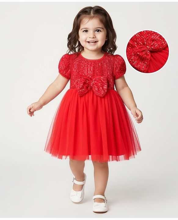 Babyhug Mesh Woven Half Sleeves Flared Partywear Dress With Sequins - Red