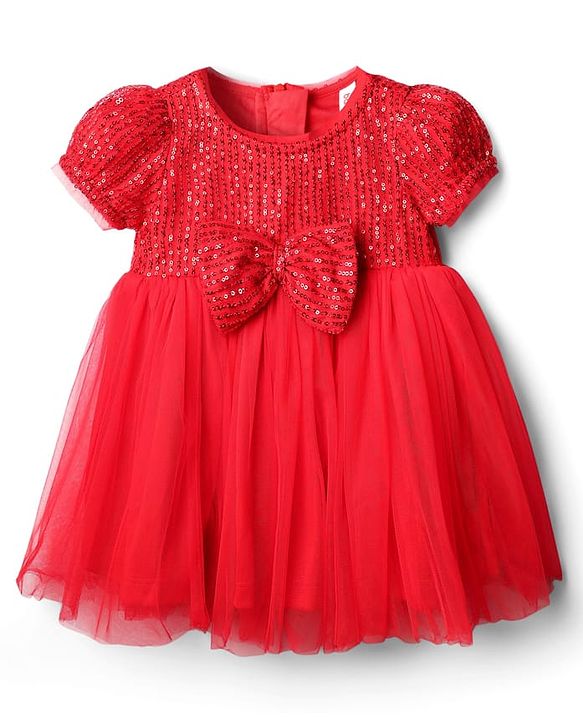 Babyhug Mesh Woven Half Sleeves Flared Partywear Dress With Sequins - Red