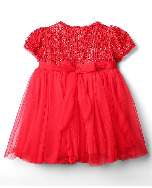 Babyhug Mesh Woven Half Sleeves Flared Partywear Dress With Sequins - Red