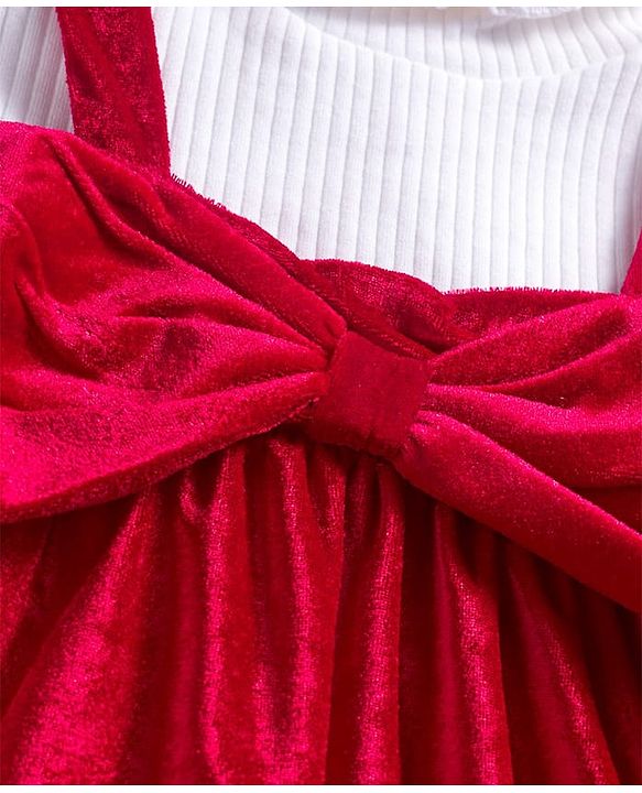 Babyhug Velour Knit Full Sleeves Inner Tee & Party Dress with Bow Applique - Maroon