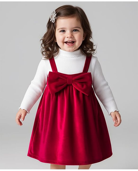 Babyhug Velour Knit Full Sleeves Inner Tee & Party Dress with Bow Applique - Maroon