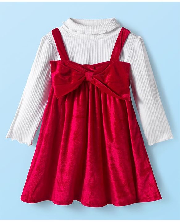 Babyhug Velour Knit Full Sleeves Inner Tee & Party Dress with Bow Applique - Maroon
