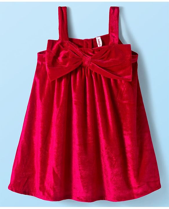 Babyhug Velour Knit Full Sleeves Inner Tee & Party Dress with Bow Applique - Maroon