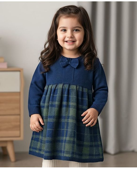 Babyhug Knit Full Sleeves Checkered Woollen Dress with Bow Applique - Navy Blue