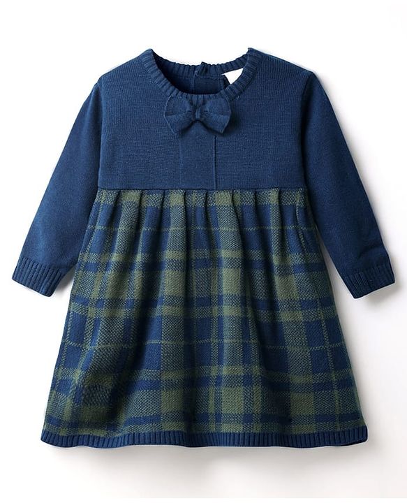 Babyhug Knit Full Sleeves Checkered Woollen Dress with Bow Applique - Navy Blue