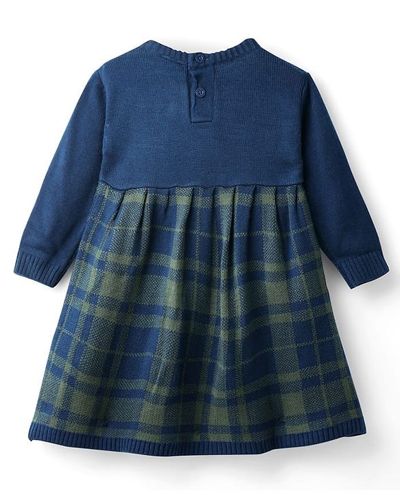 Babyhug Knit Full Sleeves Checkered Woollen Dress with Bow Applique - Navy Blue