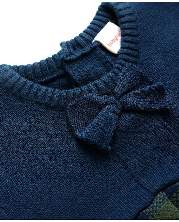 Babyhug Knit Full Sleeves Checkered Woollen Dress with Bow Applique - Navy Blue