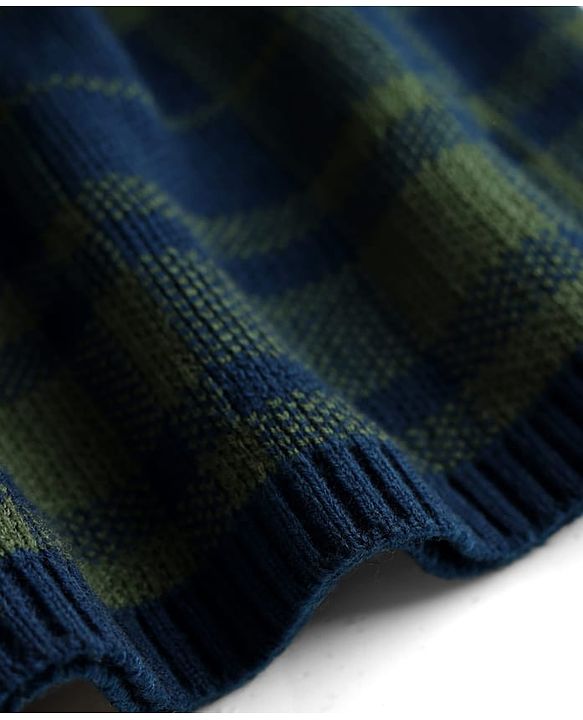 Babyhug Knit Full Sleeves Checkered Woollen Dress with Bow Applique - Navy Blue