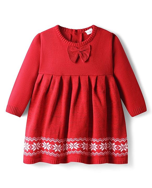 Babyhug Sweater Knit Full Sleeves Woollen Dress With Floral Design & Bow Applique - Red