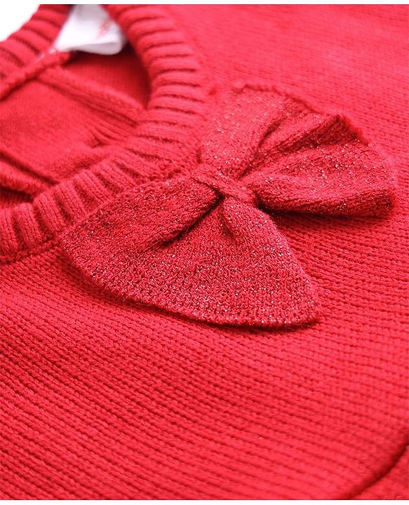 Babyhug Sweater Knit Full Sleeves Woollen Dress With Floral Design & Bow Applique - Red