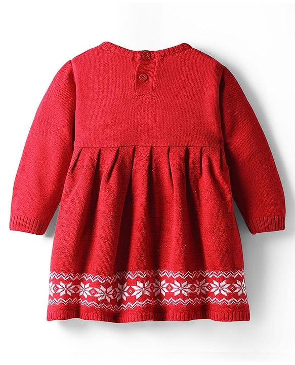 Babyhug Sweater Knit Full Sleeves Woollen Dress With Floral Design & Bow Applique - Red