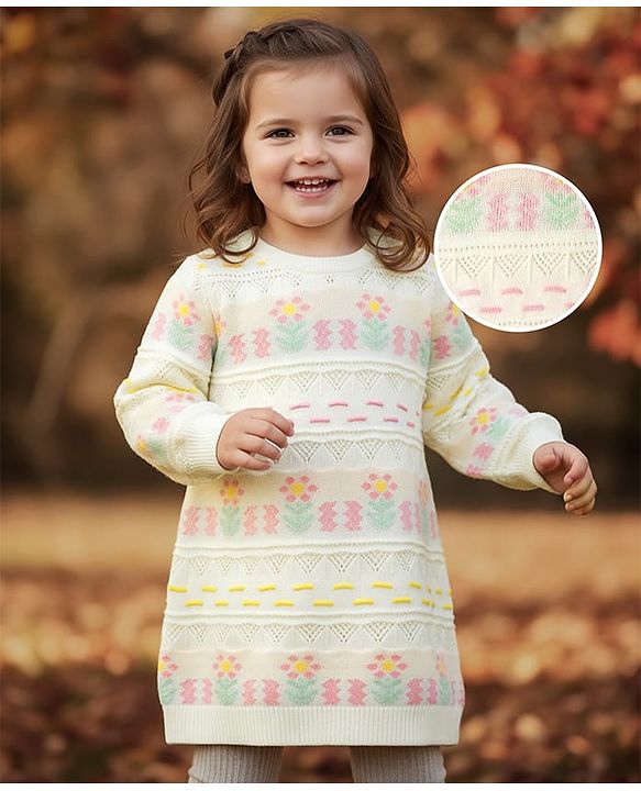 Babyhug Sweater Knit Full Sleeves Woolen Dress with Floral Design - White