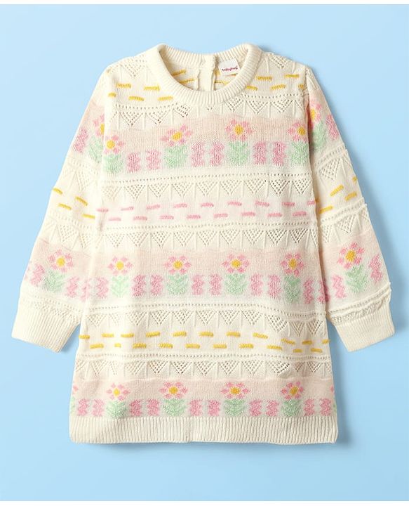 Babyhug Sweater Knit Full Sleeves Woolen Dress with Floral Design - White