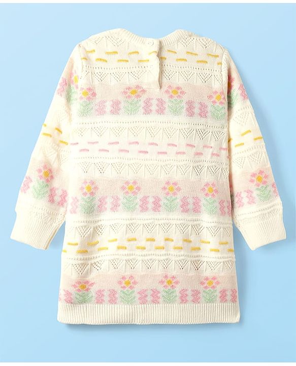 Babyhug Sweater Knit Full Sleeves Woolen Dress with Floral Design - White