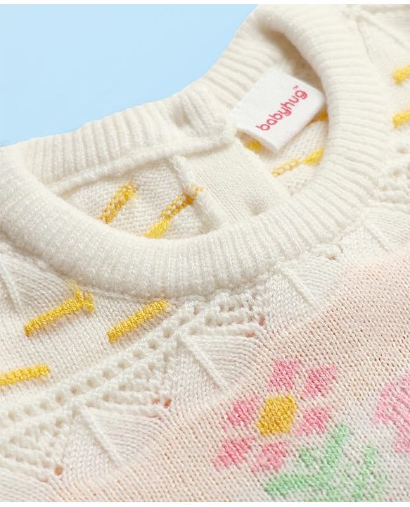 Babyhug Sweater Knit Full Sleeves Woolen Dress with Floral Design - White
