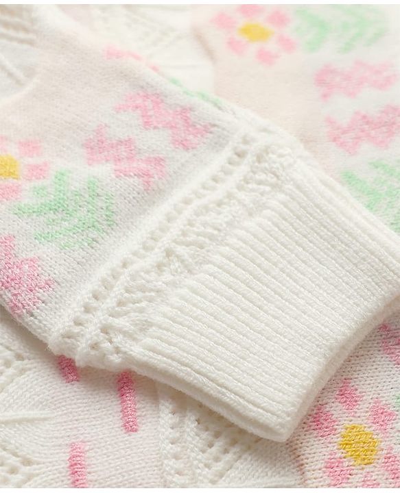 Babyhug Sweater Knit Full Sleeves Woolen Dress with Floral Design - White