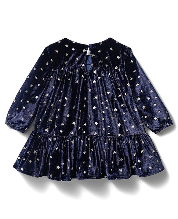 Babyhug Velour Woven Full Sleeves Party Dress With Foil Star Print - Navy Blue