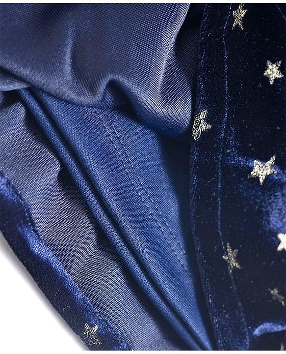 Babyhug Velour Woven Full Sleeves Party Dress With Foil Star Print - Navy Blue