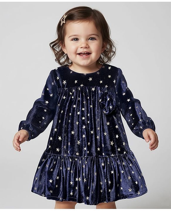 Babyhug Velour Woven Full Sleeves Party Dress With Foil Star Print - Navy Blue