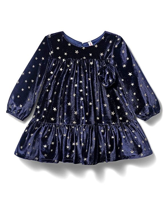 Babyhug Velour Woven Full Sleeves Party Dress With Foil Star Print - Navy Blue