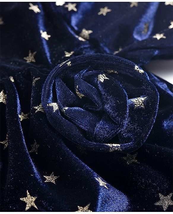 Babyhug Velour Woven Full Sleeves Party Dress With Foil Star Print - Navy Blue