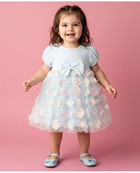 Babyhug Woven Half Puffed Sleeves Flared Partywear Dress With Floral & Bow 3D Applique - Light Blue