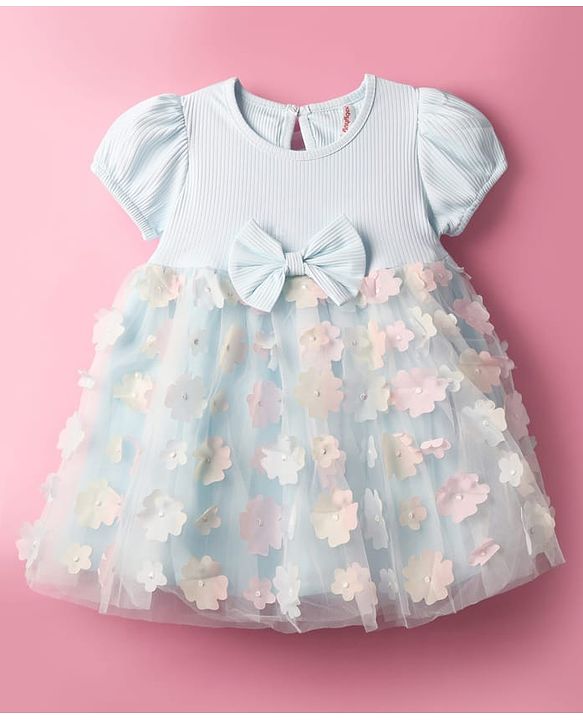 Babyhug Woven Half Puffed Sleeves Flared Partywear Dress With Floral & Bow 3D Applique - Light Blue