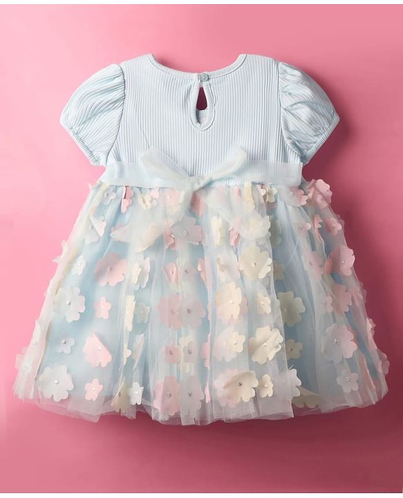 Babyhug Woven Half Puffed Sleeves Flared Partywear Dress With Floral & Bow 3D Applique - Light Blue