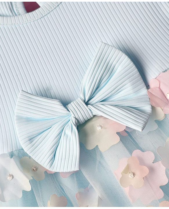 Babyhug Woven Half Puffed Sleeves Flared Partywear Dress With Floral & Bow 3D Applique - Light Blue