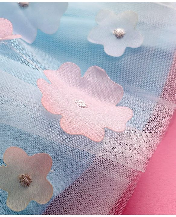 Babyhug Woven Half Puffed Sleeves Flared Partywear Dress With Floral & Bow 3D Applique - Light Blue